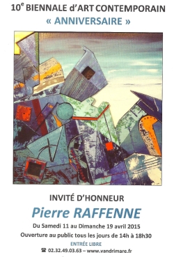 Carton d'invitation,10me BIENNALE d'ART CONTEMPORAIN, du 11 au 19 avril 2015 au Centre Socio-Culturel de VANDRIMARE